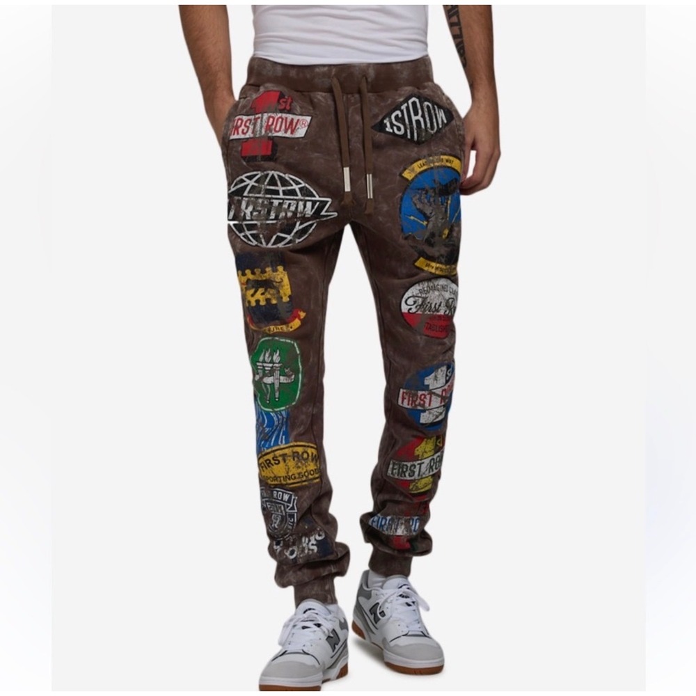 First Row Washed Jogger Pants Mens XL Brown Graphic Patch Distressed Streetwear